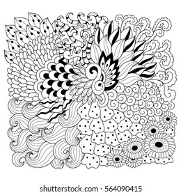 Doodle pattern in black and white. Abstract floral with a maritime theme for coloring book. Decoration in oriental style.