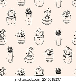 Doodle patrón con cactus blanco y negro y suculentas sobre fondo rosa. Estampado de Vector con cactus suculentos en estilo escandinavo geométrico minimalista. Linda Plantilla de azulejos de Vector