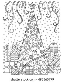 Doodle pattern in black and white. Christmas decorations - tree, gifts, snow and streamers. Festive atmosphere - coloring book for children and adults.