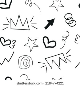 Doodle pattern black and white elements, stars, hearts, lightning bolts, abstract minimalist drawing by hand