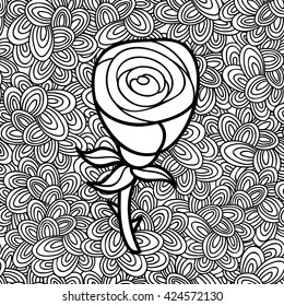 Doodle pattern with black and white flower image for coloring. Vector illustration.