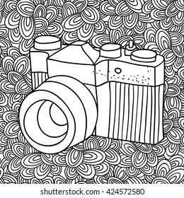 Doodle pattern with black and white photo camera image for coloring. Vector illustration.