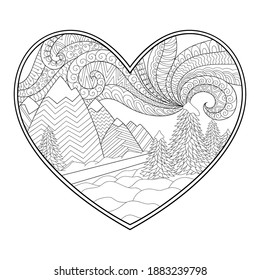 Doodle pattern in black and white. Winter Landscape - road, trees, mountains, polar lights, snow drifts - coloring book for children. Frame in form of heart.