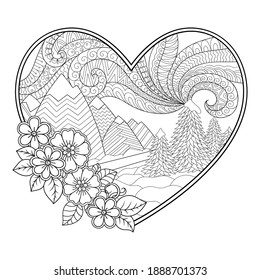 Doodle pattern in black and white. Winter Landscape - road, trees, mountains, polar lights, snow drifts - coloring book for children. Frame in form of heart.