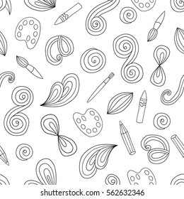 Doodle pattern with brushes, pencils and paint palette

