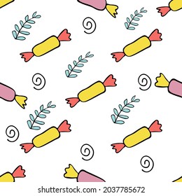 Doodle pattern of candy, twigs and spirals on a white background for packaging or textile design