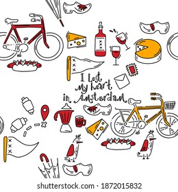 Doodle pattern with cheese, wine, klomps and other other tourist stuff. Hand drawn pattern in doodle style. Vector image, clipart, editable details.