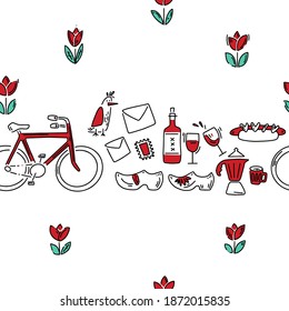 Doodle pattern with cheese, wine, klomps and other other tourist stuff. Hand drawn pattern in doodle style. Vector image, clipart, editable details.