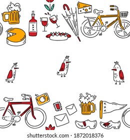 Doodle pattern with cheese, wine, klomps and other other tourist stuff. Hand drawn pattern in doodle style. Vector image, clipart, editable details.