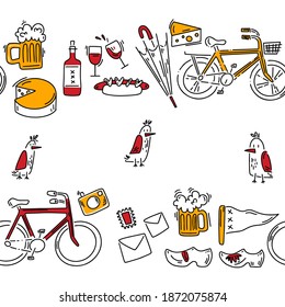 Doodle pattern with cheese, wine, klomps and other other tourist stuff. Hand drawn pattern in doodle style. Vector image, clipart, editable details.