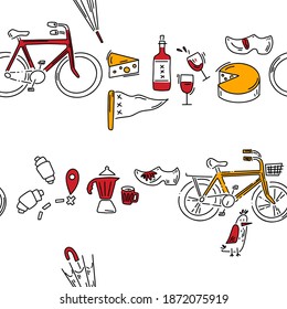 Doodle pattern with cheese, wine, klomps and other other tourist stuff. Hand drawn pattern in doodle style. Vector image, clipart, editable details.