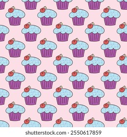 Doodle pattern with cherry cupcake. Seamless texture