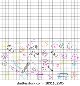 Doodle pattern for a child, hand - drawn, a set of doodles items from the life of a child on a pattern in a cage.back to school doodle