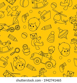 Doodle pattern with children's toys and a boy in a car on a bright yellow background