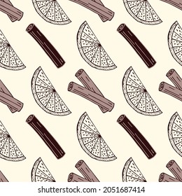 Doodle pattern with cinnamon and citrus. Beige and brown seamless pattern with tasty ingredients