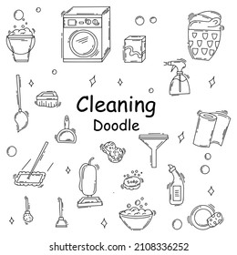 Doodle pattern with cleaning items doodle on dust background. Cleaning concept. Vector illustration. Vector background. Housekeeping concept. Vector set.