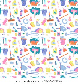 Doodle pattern of cleaning tools. Cleaning service. Home supplies. Flat hand drawn vector illustration on white background.