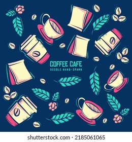 Doodle pattern with Coffee Cups, bean, leaves, and packaging vector