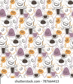 doodle pattern of coffee seeds, cups, pots