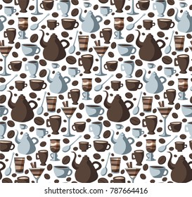 doodle pattern of coffee seeds, cups, pots
