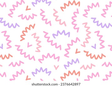 patrón de doodle con coloridas gemas abstractas, líneas espirales de garabato onduladas triangulares. estilo memphis retro 80. Garabatos caóticos de pincel de tinta. Ilustración del vector