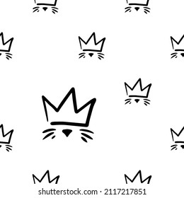 Doodle Pattern Crowned Cat. Seamless Background With Cat Head Sketch With Crown. Black Line Sketch Art Icon. Cute Cartoon Kids Design. Outline Drawing Logo Minimal Style.