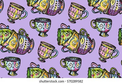 Doodle pattern with Cup. Hand drawn tea time collection.  Vector background.