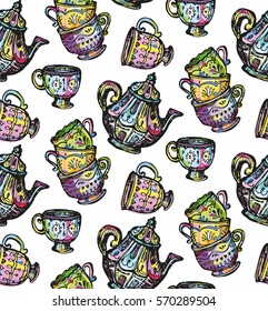 Doodle pattern with Cup and teapot. Hand drawn tea time collection.  Vector background.