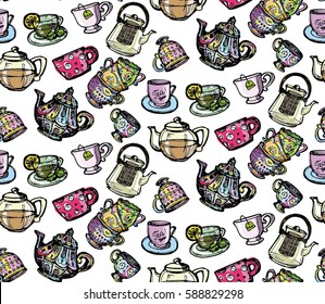 Doodle pattern with Cup and teapot. Hand drawn tea time illustration.  Vector background. Vector pattern