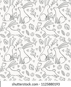 Doodle pattern with cute rabbits and flowers. Linear outline hand drawn bunny floral vector seamless background. Design for children coloring book.