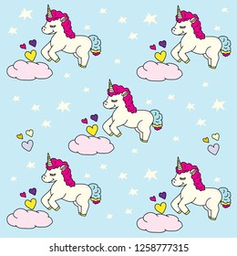 Doodle pattern cute unicorn with cloud and with heart blue color