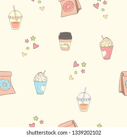 Doodle pattern Drink, coffee, donut