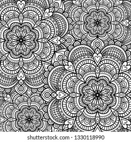 Doodle pattern with ethnic mandala ornament. Black and white illustration. Outline. Coloring page for coloring book.