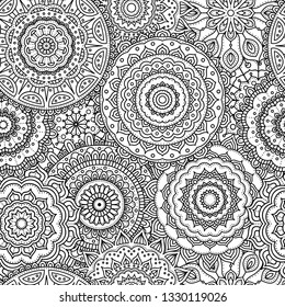 Doodle pattern with ethnic mandala ornament. Black and white illustration. Outline. Coloring page for coloring book.