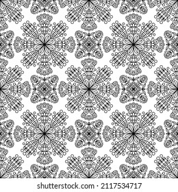 Doodle pattern with ethnic mandala ornament. Black and white illustration. Outline. Coloring page for coloring book. Anti stress vector illustration.