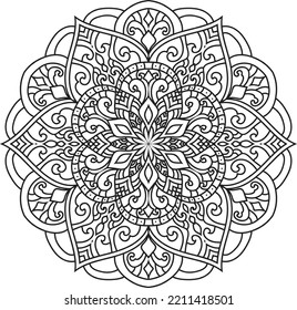 Doodle pattern with ethnic mandala ornament. Black and white illustration. Outline. Coloring page for coloring book.