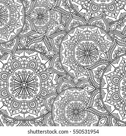 Doodle pattern with ethnic mandala ornament. Black and white illustration. Outline. Coloring page for coloring book.