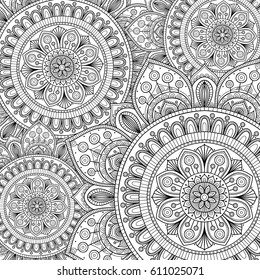 Doodle pattern with ethnic mandala ornament. Black and white illustration. Outline. Coloring page for coloring book.