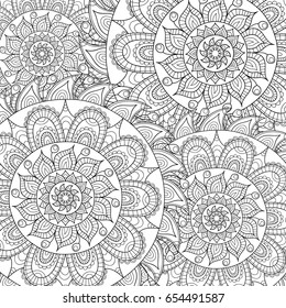 Doodle pattern with ethnic mandala ornament. Black and white illustration. Outline. Coloring page for coloring book.