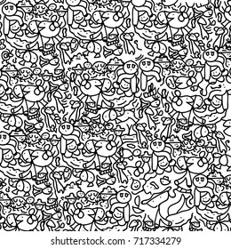 Doodle pattern with faces.Cute black and white doodle art background.For textile,texture,prints,fabric,wallpaper,decor and t-shirt design.Vector illustration.