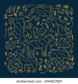 The Doodle pattern of farm animals. Pattern with Pet Pig, Horse, Duck, Chicken and Cow. Hand-drawn background of colored livestock in a line. Vector illustration