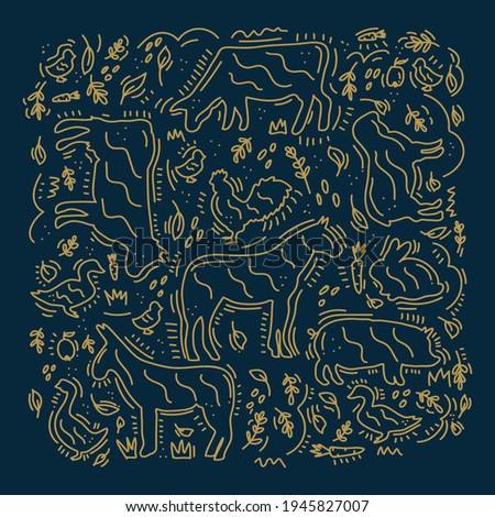 The Doodle pattern of farm animals. Pattern with Pet Pig, Horse, Duck, Chicken and Cow. Hand-drawn background of colored livestock in a line. Vector illustration