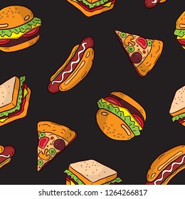 doodle pattern fast food, burger hotdog and sandwich