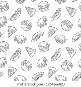 doodle pattern fast food, burger hotdog and sandwich