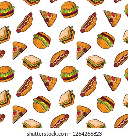 doodle pattern fast food, burger hotdog and sandwich