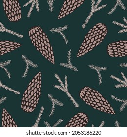 Doodle pattern with fir cones and branches. Emerald green pattern with natural elements