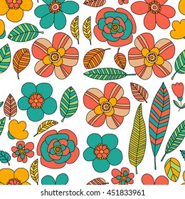 Doodle pattern with flower and leaves Vector background