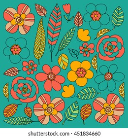 Doodle pattern with flower and leaves Vector background