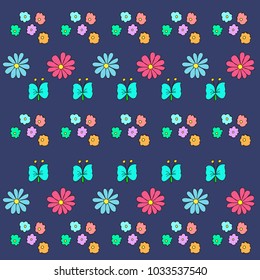 Doodle  pattern with flowers and butterfly on blue background, can be user a decor, cards, invitation, web design.