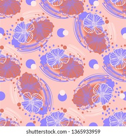 Doodle pattern flowers on coral background in purple and white color